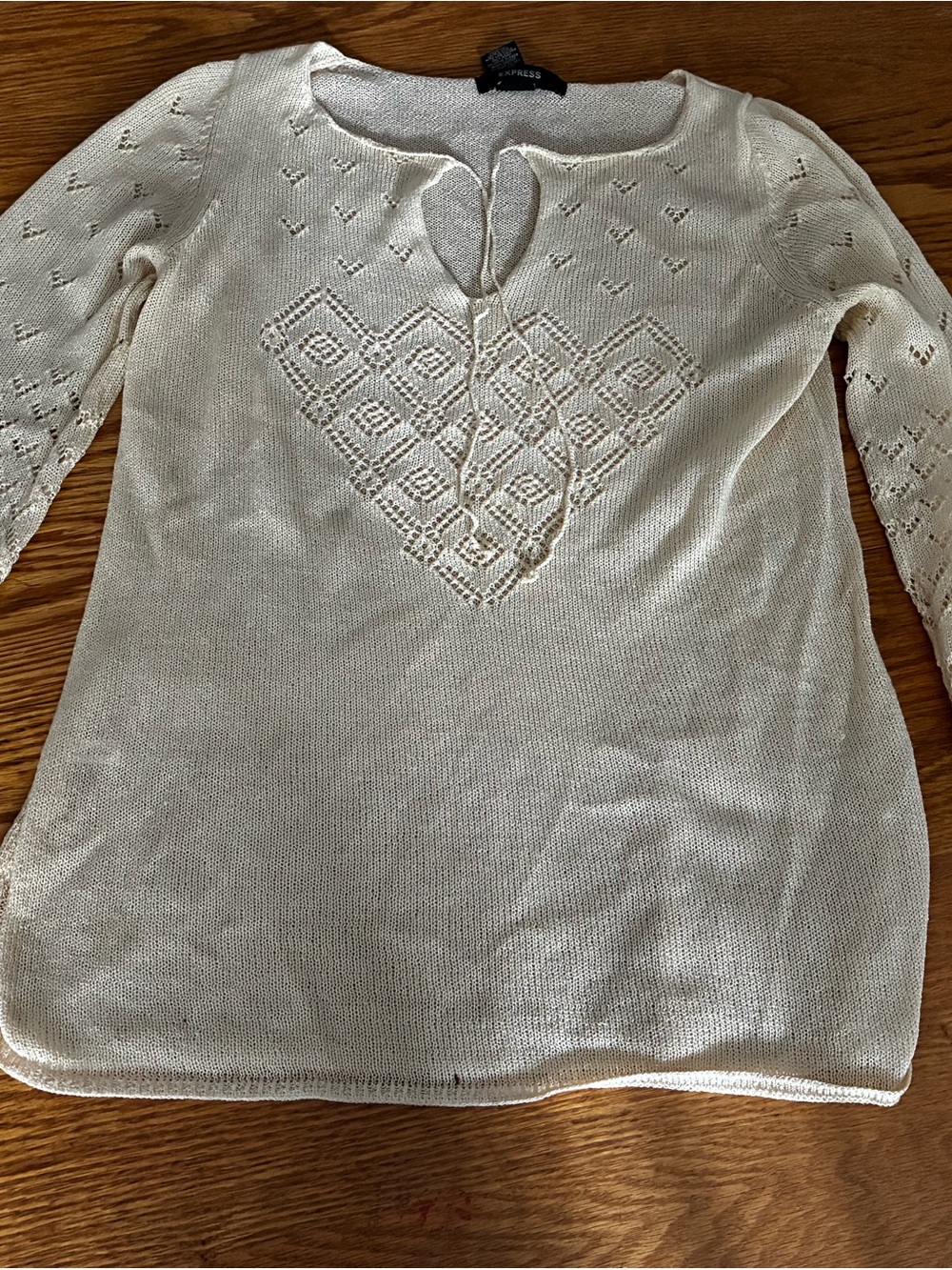 Express Women's Cream Knit Long Sleeve Bohemian Sweater with Lace Detail